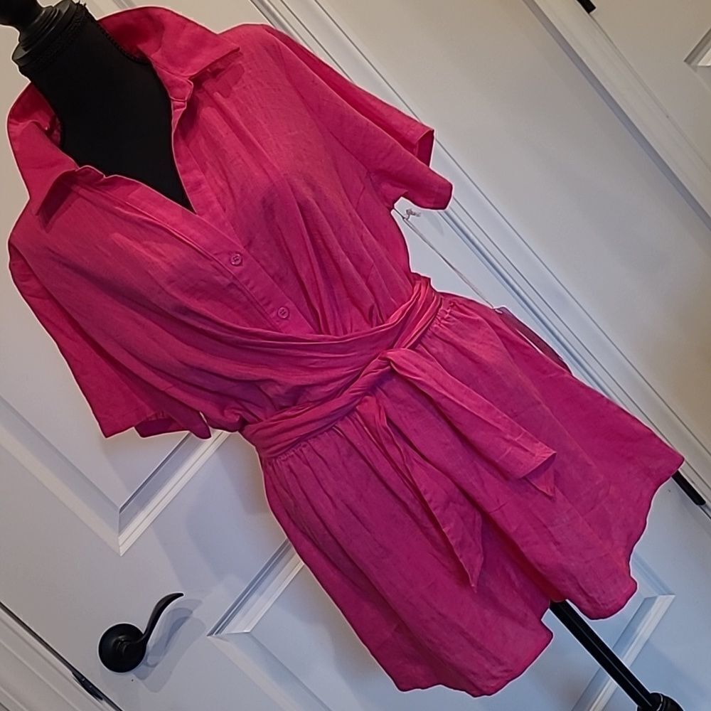 LUMIERE sz S/S Romper w/crossover tie, fuchsia, pockets